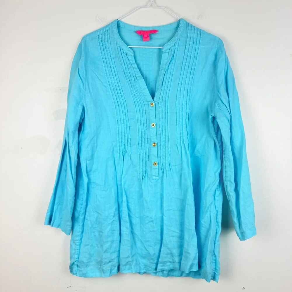 Lilly Pulitzer Blue Horizon Sarasota Linen Tunic Top Button Front Boho Blouse - Picture 3 of 6